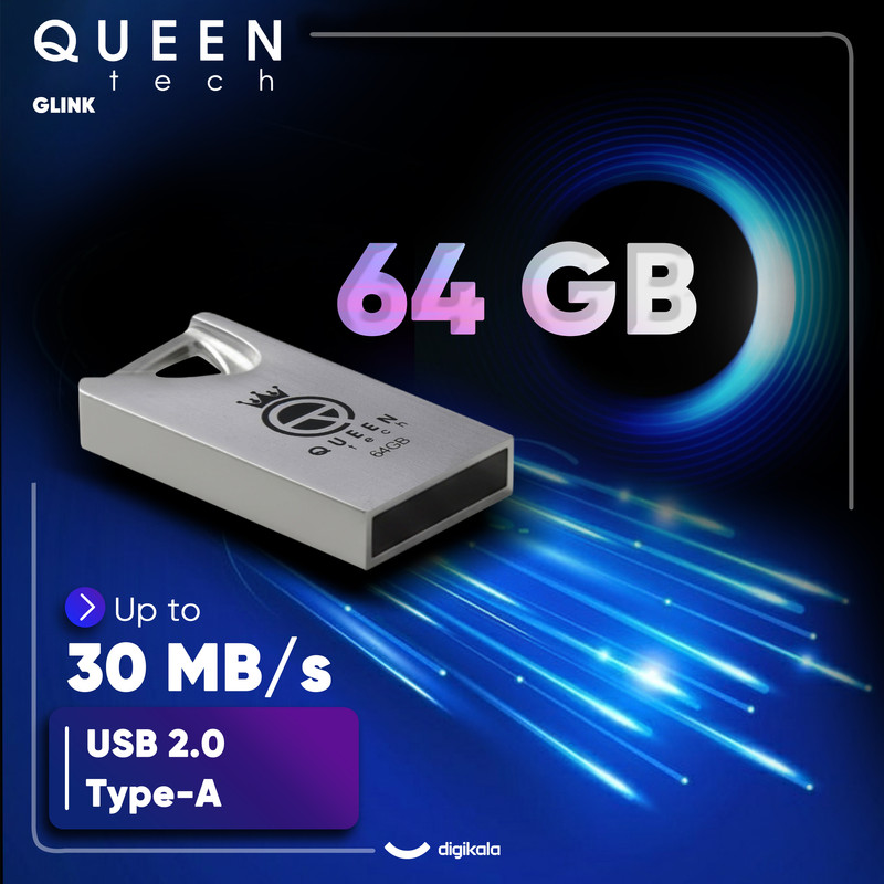 فلش مموری کوئین تک مدل GLINK ظرفیت 64 گیگابایت با رابط USB 2.0، بدنه فلزی مقاوم در برابر آب و ضربه، طراحی فشرده و زنجیر محافظ، سرعت انتقال 30 مگابایت بر ثانیه، سازگار با انواع سیستمعاملها و دستگاههای USB