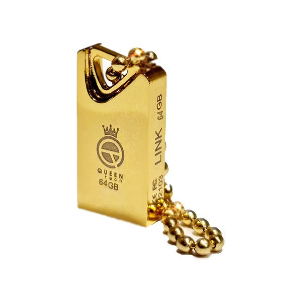 فلش مموری کوئین تک مدل GLINK ظرفیت 64 گیگابایت با رابط USB 2.0، بدنه فلزی مقاوم در برابر آب و ضربه، طراحی فشرده و زنجیر محافظ، سرعت انتقال 30 مگابایت بر ثانیه، سازگار با انواع سیستمعاملها و دستگاههای USB