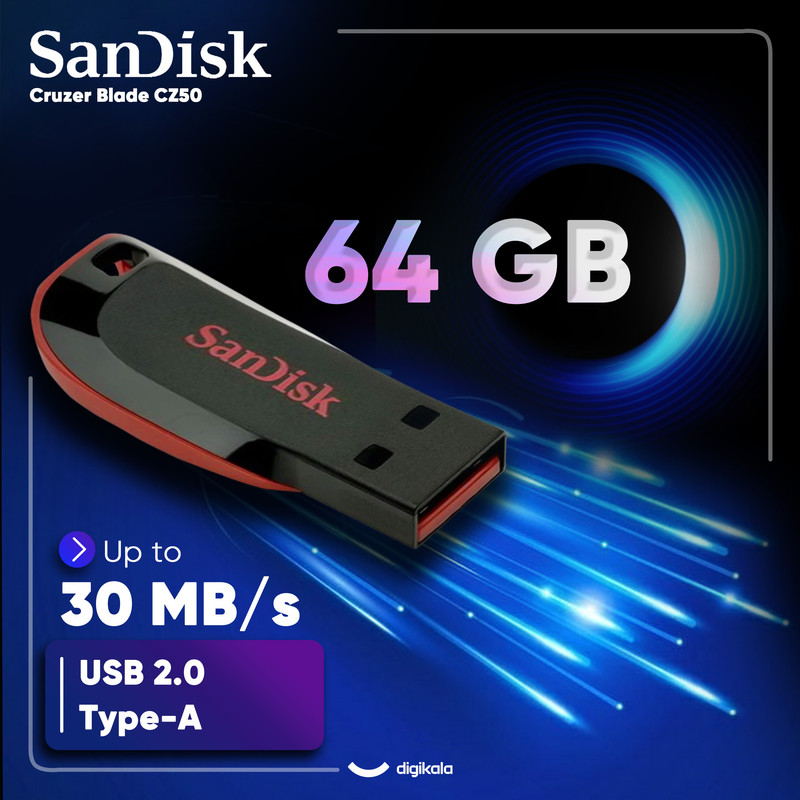 فلش مموری 64 گیگابایت سن دیسک مدل Cruzer Blade CZ50 با رابط USB 2.0، بدنه مات مقاوم در برابر اثر انگشت، قابلیت رمزگذاری نرمافزاری و شیار اتصال بند