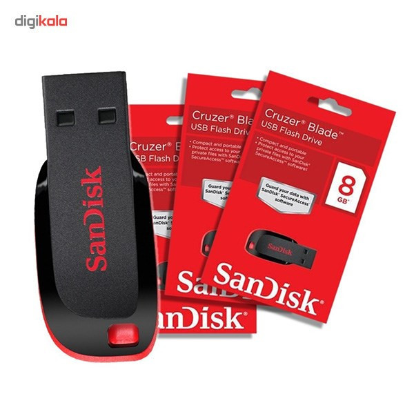 فلش مموری 64 گیگابایت سن دیسک مدل Cruzer Blade CZ50 با رابط USB 2.0، بدنه مات مقاوم در برابر اثر انگشت، قابلیت رمزگذاری نرمافزاری و شیار اتصال بند