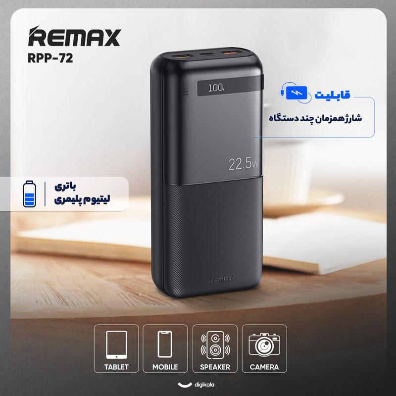 پاوربانک 22.5 وات ریمکس مدل RPP-72 ظرفیت 20000 میلی آمپر ساعت