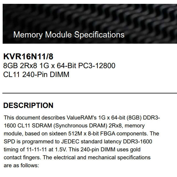 رم دسکتاپ DDR3 کینگستون 1600 مگاهرتز مدل KVR16N11/8 PC3-12800 ظرفیت 8 گیگابایت