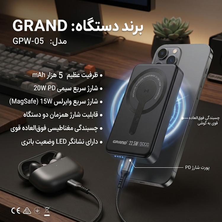 پاوربانک بیسیم 22.5 وات گرند اسکای مدل مگ سیف GPW-05 ظرفیت 5000 میلی آمپرساعت