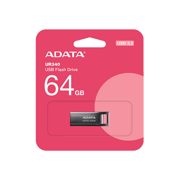 فلش مموری ای دیتا مدل UR340 ظرفیت 64 گیگابایت با بدنه فلزی، رابط USB 3.2 Gen1 Type-A، سرعت انتقال 100 مگابایت بر ثانیه و پشتیبانی از سیستمعاملهای ویندوز، مک و لینوکس