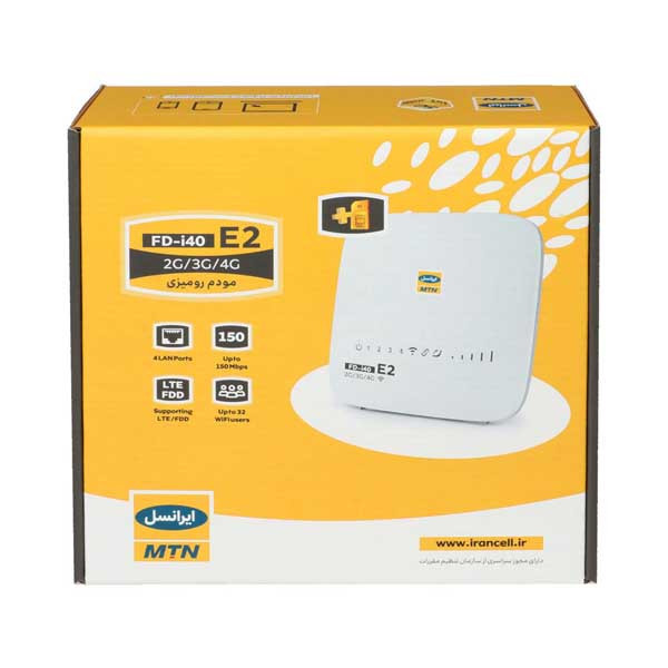 مودم سیمکارتی 4G ایرانسل مدل FDi40 E2 با سرعت دانلود 150 مگابیت بر ثانیه، پشتیبانی همزمان 32 کاربر، 4 پورت LAN، آنتن 5dBi و کلید اتصال سریع WPS